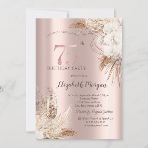 Boho FlowersChampagne GlassRose Gold 75th Invitation