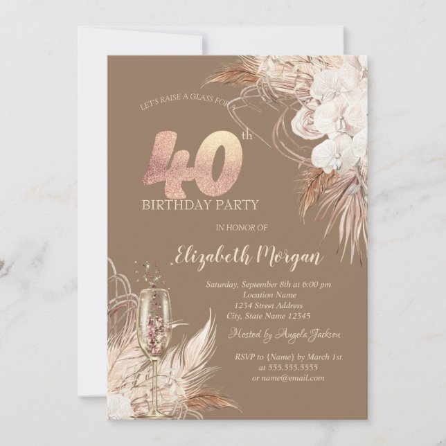Boho Flowers,Champagne Glass,Terracotta 40th Invitation (Front)