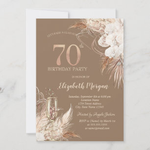 Boho Flowers,Champagne Glass,Terracotta 70th Invitation