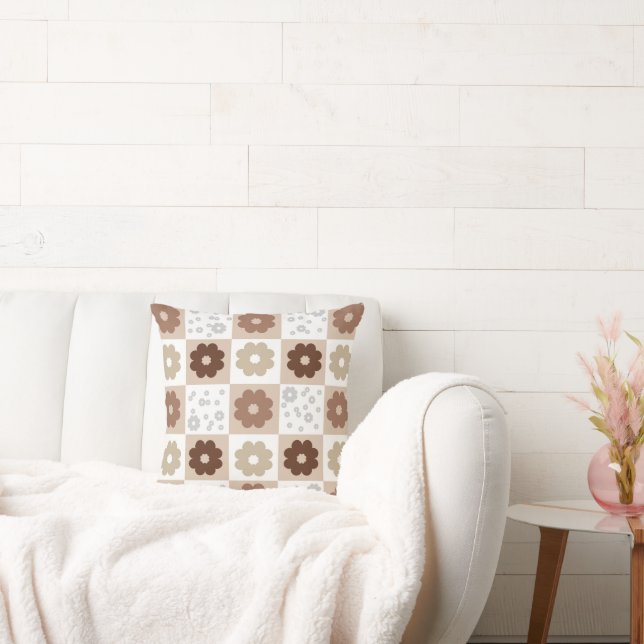 Boho Flowers Checkered Throw Pillow (Couch)