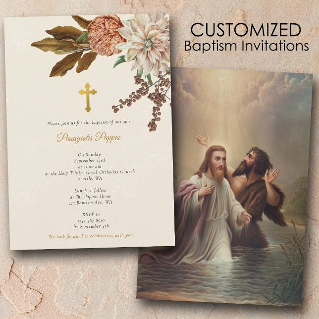 Boho Flowers Christening Christian Cross Baptism Invitation (Boho Flowers Orthodox Christian Gold Cross Baptism Invitation)