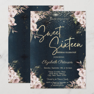 Boho Flowers Confetti Dark Blue Sweet 16 Invitation
