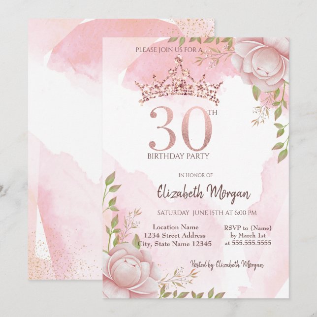 Boho Flowers Crown Watercolor 30th Birthday  Invitation (Front/Back)