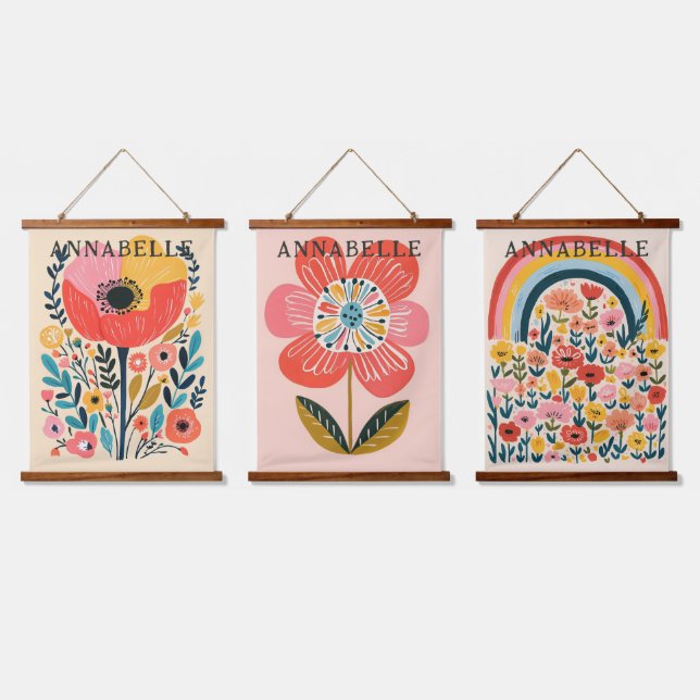 Boho Flowers Cute Illustration First Names Hanging Tapestry (Triple)