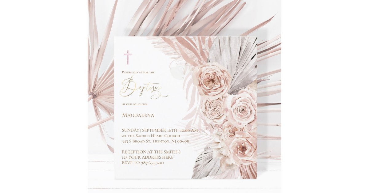 boho flowers design Baptism Invitation | Zazzle