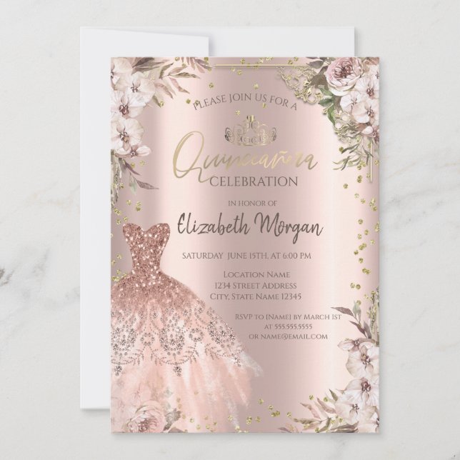 Boho Flowers Diamonds Dress Quinceanera Invitation (Front)