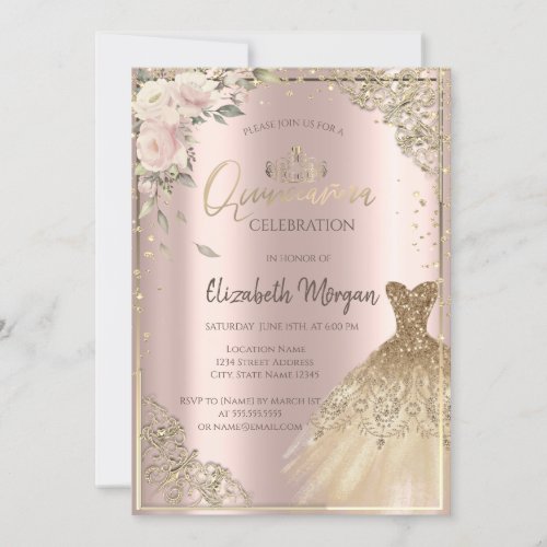 Boho FlowersDiamonds Dress Rose Gold Quinceaera Invitation