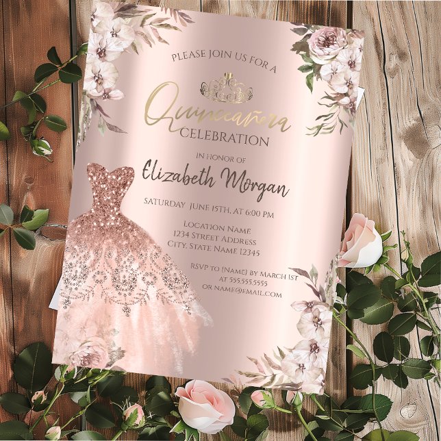 Boho Flowers Dress Rose Gold Quinceanera Invitation (Creator Uploaded)