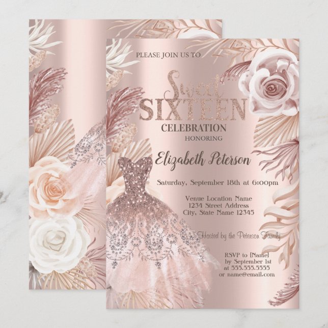 Boho Flowers Dress Rose Gold Sweet 16 Invitation (Front/Back)