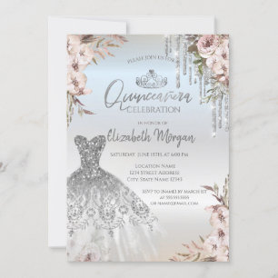 Boho Flowers Dress Silver Drips Quinceanera Invitation