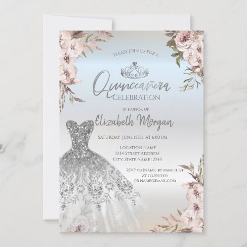 Boho Flowers Dress Silver Quinceanera Invitation
