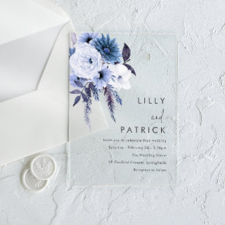 Boho Flowers Dusty Blue & White Wedding Acrylic Invitations