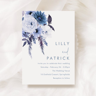 Boho Flowers Dusty Blue & White Wedding Invitation