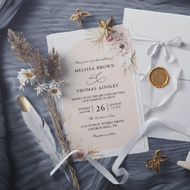 Boho Flowers Elegant Modern Budget QR Code Wedding Invitation (Creator Uploaded)