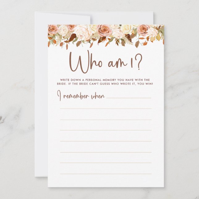 Boho Flowers Fall Who Am I Bridal Shower Game Card (Front)