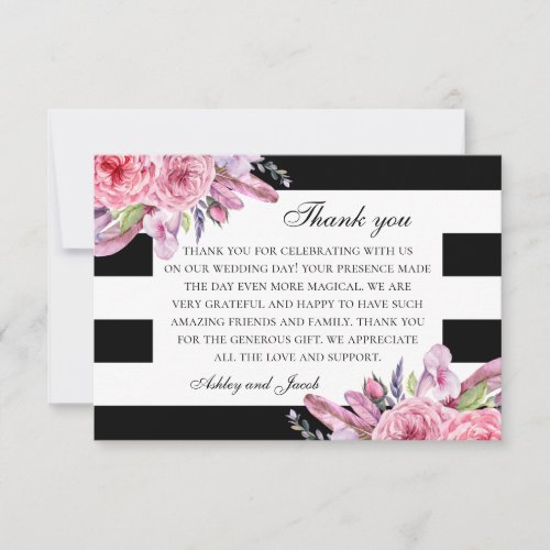 Boho flowers  feather Black white floral wedding Thank You Card