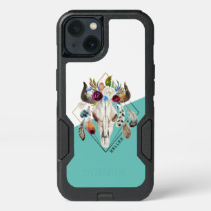Boho flowers & feathers bull skull iPhone 13 case