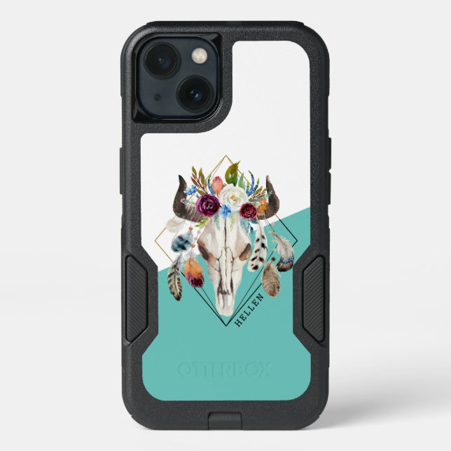 Boho flowers & feathers bull skull otterbox iPhone case (Back)