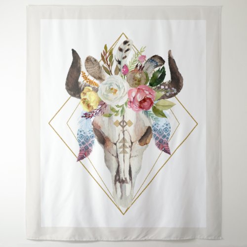 Boho flowers  feathers geometric bull skull tapestry