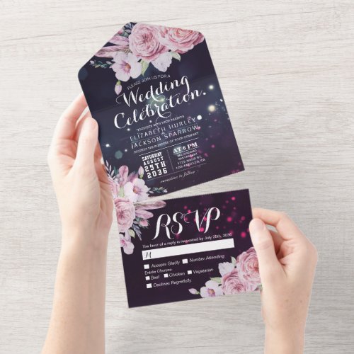 Boho Flowers Feathers Purple Sparkle Wedding RSVP All In One Invitation