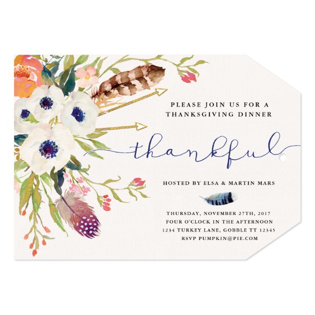 Boho Flowers & Feathers Thanksgiving Invitation