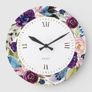 Boho flowers & feathers wreath large clock