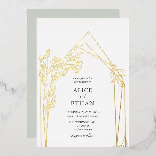 Boho Flowers Geometric Wedding Foil Invitation (Front/Back)