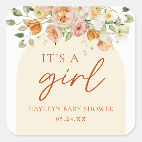Boho Flowers Girl Baby Shower Its A Girl  Square Sticker