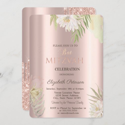 Boho Flowers Glitter Drips Rose Gold Bat Mitzvah   Invitation