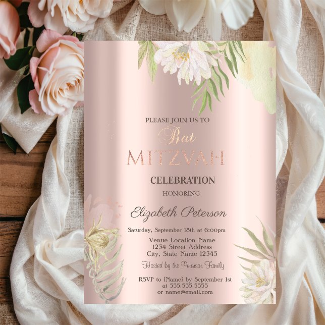 Boho Flowers Glitter Drips Rose Gold Bat Mitzvah   Invitation (Creator Uploaded)