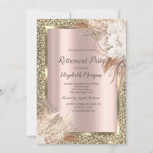 Boho Flowers,Glitter,Rose Gold Retirement Invitation