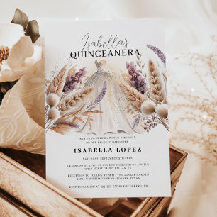 Boho Flowers & Glittery Princess Dress Quinceanera Invitation