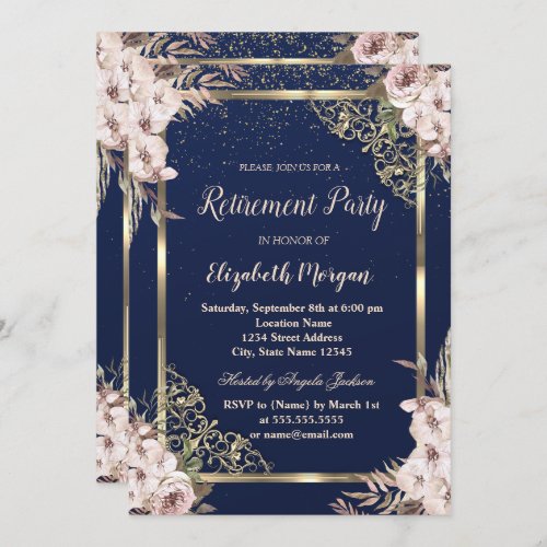 Boho Flowers Gold Frame Navy Blue Retirement  Invitation