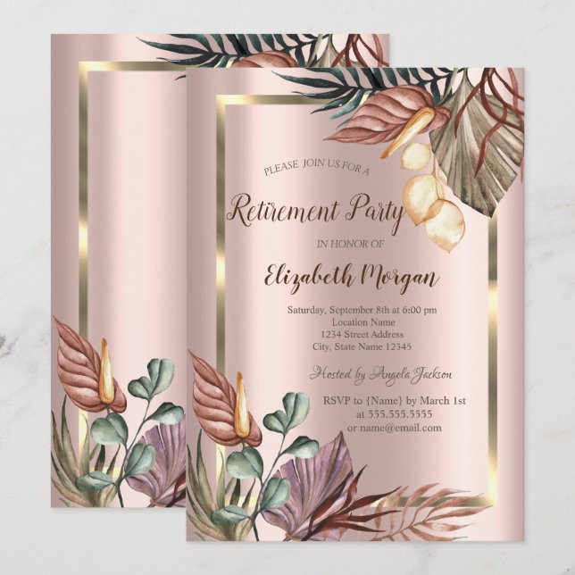 Boho Flowers Gold Frame,Rose Gold Retirement   Invitation (Front/Back)