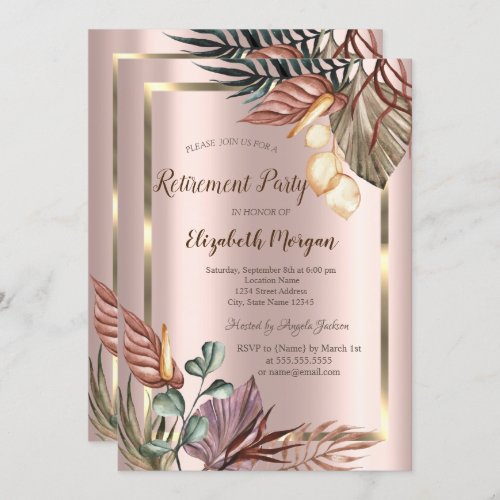 Boho Flowers Gold FrameRose Gold Retirement   Invitation