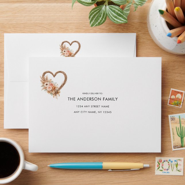 Boho Flowers Heart Wreath Custom Address Envelope (Desk)