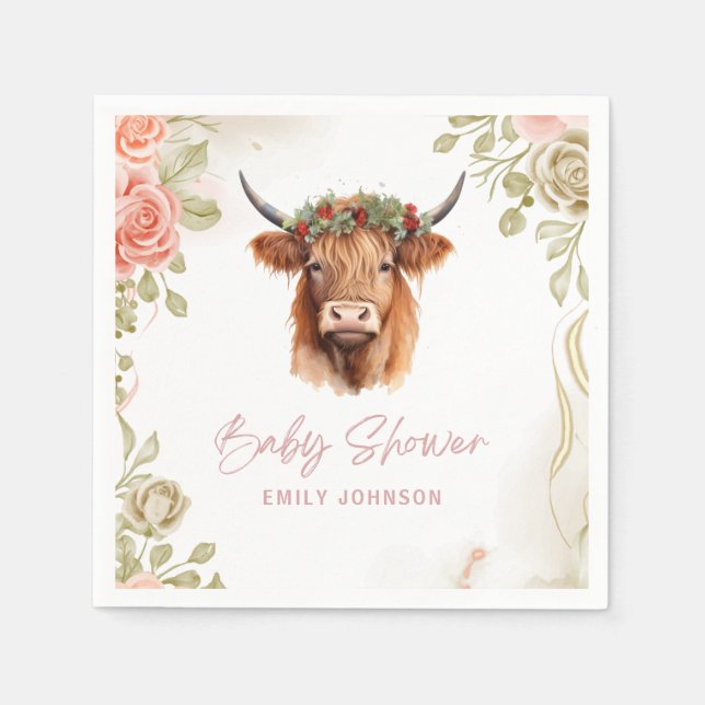 Boho Flowers Highland Cow Napkins (Front)