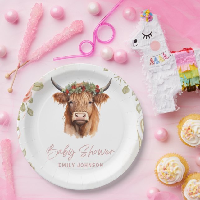 Boho Flowers Highland Cow Paper Plates (Party)
