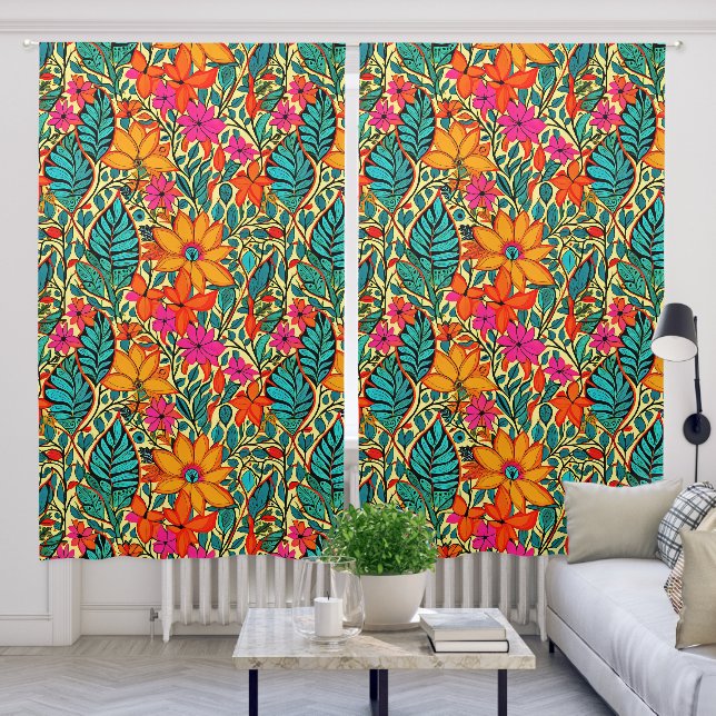 Boho Flowers in Orange, Pink, Blue Blackout Curtains (Living Room)