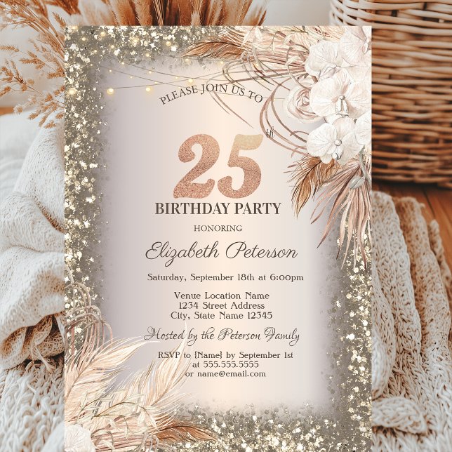 Boho Flowers,Lights Glitter Frame 25th Birthday Invitation (Creator Uploaded)