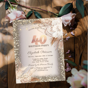 Boho Flowers,Lights Glitter Frame 40th Birthday Invitation