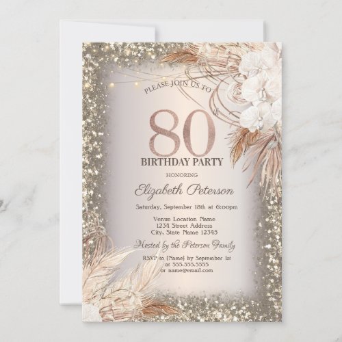 Boho FlowersLights Glitter Frame 80th Birthday Invitation
