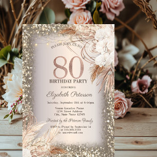 Boho Flowers,Lights Glitter Frame 80th Birthday Invitation