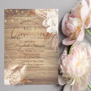 Boho Flowers,Lights,Wood Quinceañera Invitation
