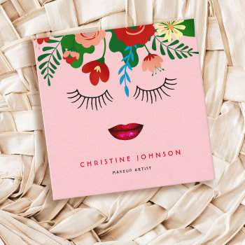 Boho Flowers Makeup Lips And Black Lashes Square Business Card by funnycutemonsters at Zazzle
