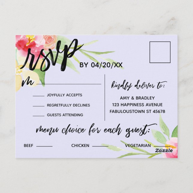 Boho Flowers Menu Choice RSVP Lavender Postcard (Back)