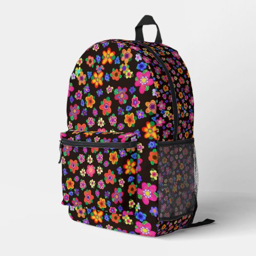 Boho Flowers Multicolor Flowers on Dark Brown  Printed Backpack