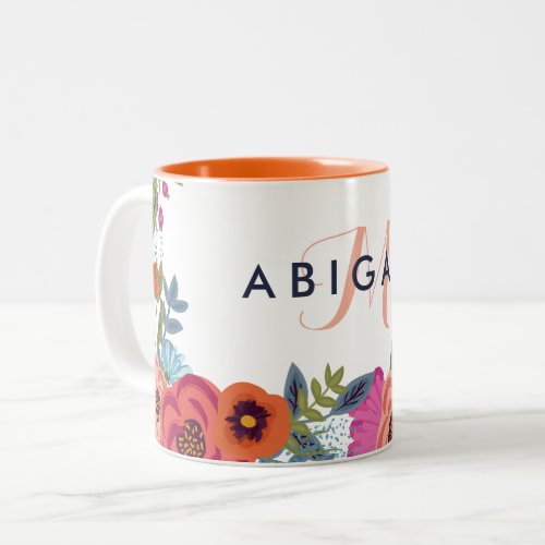 Boho Flowers _ Name  Monogram Two_Tone Coffee Mug