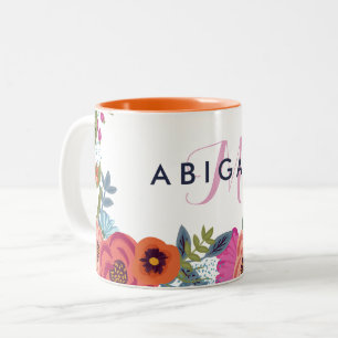Boho Flowers - Name & Pink Monogram Two-Tone Coffee Mug