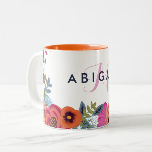 Boho Flowers - Name & Pink Monogram  Two-Tone Coffee Mug